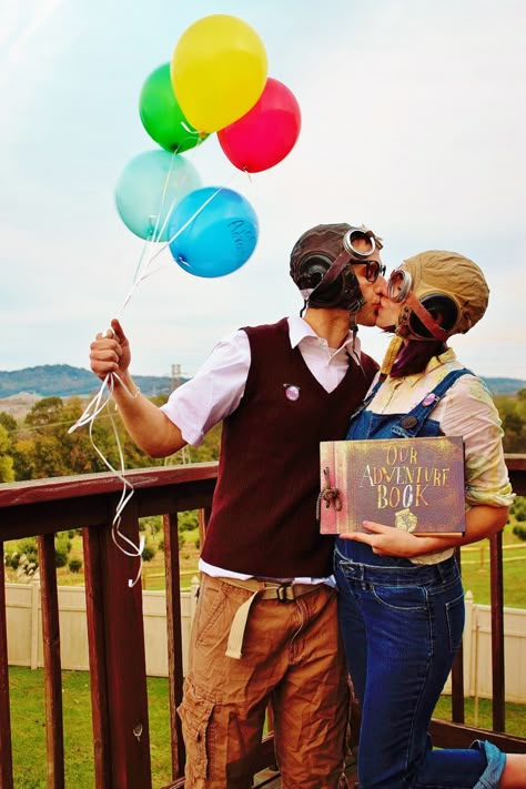 DIY Couples Costume- Disney Pixar's UP - Emily Seilhamer Up Costumes Couple, Disney Up Costume, Cute Couple Costumes Disney, Pixar Couples, Diy Up Costume, Up Couples Costume, Up Disney Costumes, Couple From Up Costume, Disney Couples Costume Ideas