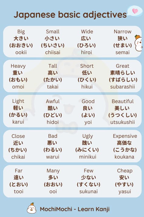 Hiragana Words Japanese Phrases, Japanese Language Learning App, Japanese Language Learning Notes, Mochimochi Learn Japanese, Learning Japanese Beginner, Japanese Language Learning For Beginners, Japanese Learning Notes, Japanese Adjectives, How To Learn Japanese