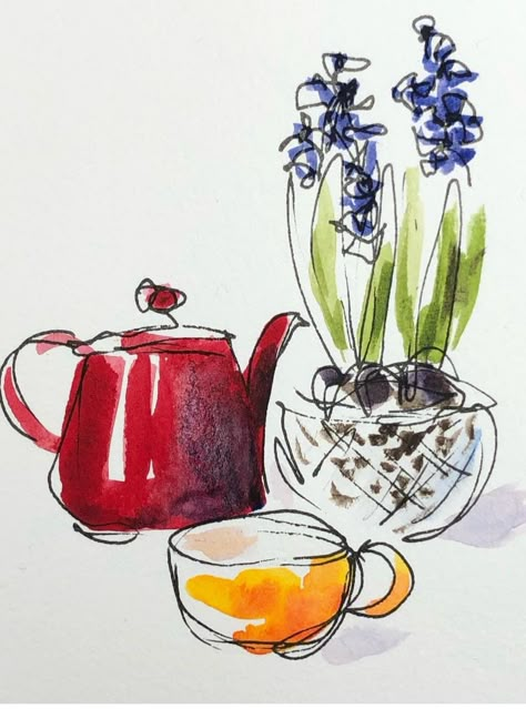 Ink And Watercolour Illustrations, Tea Watercolor Painting, Watercolor Drawing Landscape, Line And Wash Watercolor Sketches, Pen And Wash Watercolour, Watercolor Teacup, Health Drawing, Draw A Picture, Instagram Breakfast