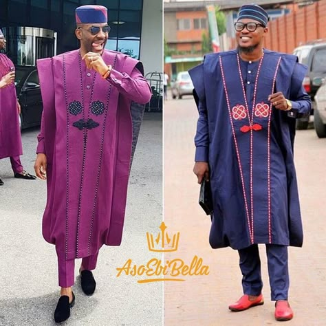 26.8k Likes, 1,648 Comments - Aso Ebi Creativity to the 🌍! (@asoebibella) on Instagram: “🤩❤️💙 Pick your fav! A or B? #AsoEbiBellaStyleSlayer style off  #BAAD2017 Inspired #AsoEbiBella…” Latest Agbada Designs, Agbada Outfit, Agbada Design, African Traditional Wear, Nigerian Men Fashion, African Dresses Men, Afrikaanse Mode, Aso Ebi Styles, African Shirts