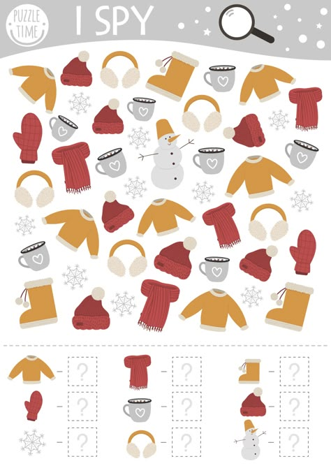 Winter Puzzles For Kids, Winter Clothes Worksheets For Kids, Winter Clothes Activities Preschool, Clothes Activities For Preschool, Winter Worksheets For Preschool, I Spy Winter, Christmas Preschool Worksheets, Winter I Spy, Spy Clothes