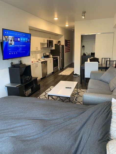 Studio Apartment Ideas For 2 People, Gray Studio Apartment Ideas, Bachelor Apartment Ideas Studio Apt, Small Studio Apt Ideas, Studio Rooms Bedrooms, Furnished Apartment Ideas, Small Apartments Aesthetic, Studio Set Up Apartment, Nice Studio Apartment