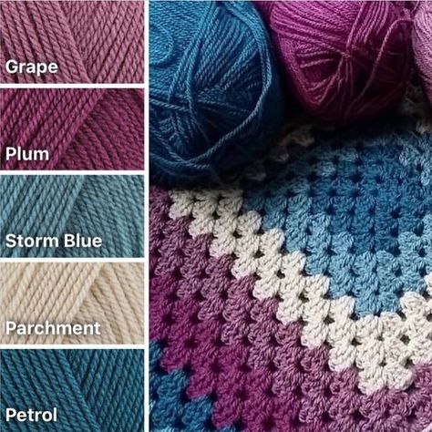 Crochet Studio on Instagram: "Granny square perfection as always by @wool_goddess. Vanessa’s colour combinations are always spot on 💙💜💙 Use #yescrochetstudio so we know you are happy for us to share your images. #grannysquares #autumncrochet #grannystripes #grannysquareblanket #grannystripes #crochetersofinstagram #crochet #crochetblanket #handmade #vintageinspired #crochetaddict #crochetinspiration #crochetinsta #woolwarehouse #stylecraft #makersofinstagram #blanketmaker #teaandcrochet #cr Color Palette For Yarn, Crochet Color Inspiration, Colour Palette Crochet, Crochet Blanket Colours Color Schemes, Crochet Colour Combos, Colour Combinations Crochet, Granny Square Palette, Crochet Blanket Color Palette, Granny Square Combinations