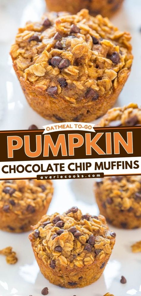 Hearty Oatmeal Pumpkin Chocolate Chip Muffins - Averie Cooks Baked Oatmeal Bites, Easy Pumpkin Oatmeal, Pumpkin Oat Muffins, Pumpkin Oatmeal Muffins, Oatmeal Chocolate Chip Muffins, Oatmeal Bites, Pumpkin Oats, Pumpkin Breakfast, Pumpkin Recipes Easy