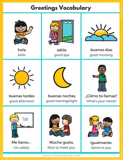 Grab this free Spanish Greetings Poster, to download and use how you like for teaching! This is part of our Spanish for Kids Starter Kit eBook, a free guide to learning beginner Spanish at home as a family. Check it out for Spanish lesson plans, worksheets, printables, games, and activities, all for kids.   #free #spanishposter #spanishworksheets #spanishforkids #spanishlessons #spanishathome #spanishprintables #spanishlessonplans #beginnerspanish #homeschoolspanish #spanishgreetings Spanish Lessons For Kindergarten, Spanish Lesson Plans For Preschoolers, Teaching Kids Spanish At Home, Spanish To English Learning For Kids, Bilingual Preschool Activities, Spanish Tutoring Ideas, Spanish For Kindergarten, Spanish Lessons For Preschoolers, English Language Teaching Lesson Plans