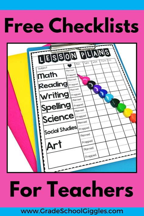 Checklists help with classroom management and organization. That's why every teacher needs these 7 free printable checklists. Whether it's your first year teaching or your tenth, checklists are a tool that makes it easy to track things like the standards you've covered, the prep you'll need to do as you write your lesson plans, important daily and weekly to-do lists, which kids have completed individual assessments or mastered specific learning goals. Get the template and make organizing easy. First Year Teacher Checklist, Teacher Checklist, First Year Teacher, Teacher Needs, Writing Plan, First Year Teaching, Being Organized, Free Checklist, Free Teacher