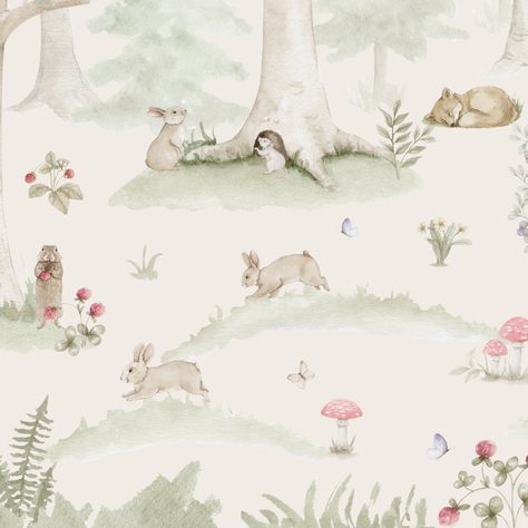 Nursary Decor Woodland Creatures Nursery, Forest Animal Nursery, Woodland Wallpaper, Unicorn And Fairies, Monochrome Nursery, Baby Animal Drawings, Birds And Bees, Woodland Friends, Nursery Room Inspiration