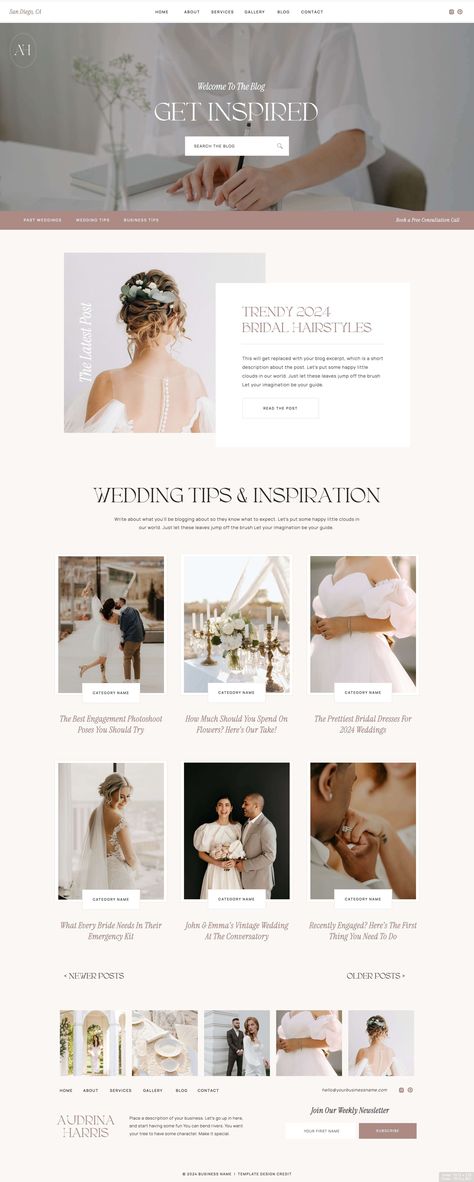 Looking to add a blog design to your Showit website template? Shop the Audrina Showit blog add-on page template! This blog add on page was made for wedding professionals such as wedding planners, photographers, videographers but can be a blog for any service provder. Shop the Showit blog template today! Showit Templates | Showit Website | Wedding Blog | Wedding Planner | Showit Design | Showit Blog Template | Showit Page Add-On | Wedding Photographer | Wedding Professionals | Website Designer Bridal Website, Story Examples, Minimal Website Design, Wedding Planner Website, Event Planning Website, Minimalist Web Design, Wedding Website Template, Wedding Web, Wedding Website Design