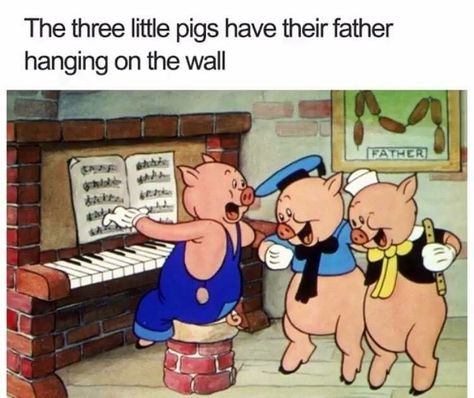 Three little pigs father ... is hanging on the wall.... as sausage!! Cartoon Logic, Performance Marketing, Three Little Pigs, Little Pigs, Funny Cartoon, Disney Movies, Dankest Memes, Pigs, Funny Images