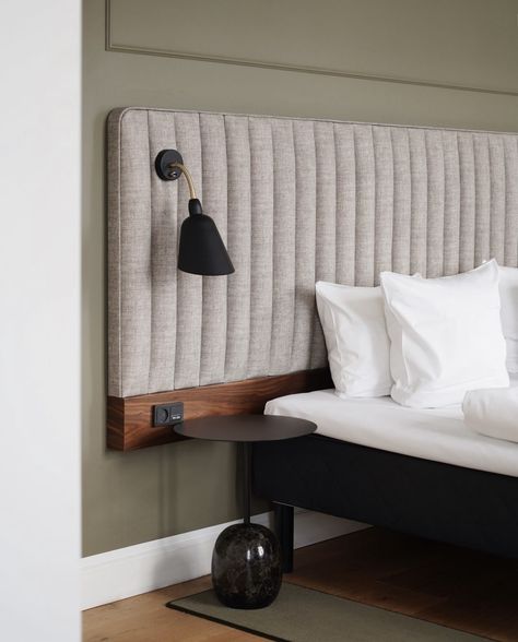 Bedroom Boutique Hotel, Headboard Hotel Design, Villa Copenhagen Hotel, Muted Green Bedroom, Wall To Wall Headboard, Wall Paneling Bedroom, Bedroom Wall Panelling, Bedroom Panelling, Boutique Bedroom