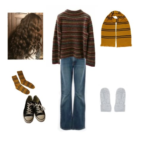 Hogwarts Aesthetic Outfits Hufflepuff, Modern Hufflepuff Outfits, Hufflepuff Clothes Aesthetic, Lily Potter Aesthetic Outfits, Cute Hufflepuff Outfits, Harry Potter Inspired Outfits Hufflepuff, Weasley Outfits Aesthetic, Hogwarts Outfits Hufflepuff, Harry Potter Hufflepuff Outfits