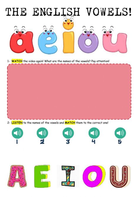 English Vowels - Interactive worksheet Vowels Letters, English Vowels, Vowel Letters, Vowel Letters Activities, Identifying Vowels Worksheet, Vowels Decoration Ideas, Vowels Worksheet For Grade 1, Vowels Craft, Vowels Worksheet