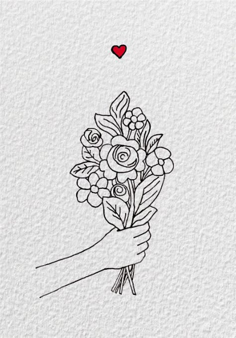 floral bouquet illustration Bouquet Of Roses Drawing Simple, One Line Flower Bouquet Drawing, Flower Boutique Drawing, Flower Bouquet Sketch Simple, Hand Holding Bouquet Drawing, Bouquet Of Flower Drawing, Rose Bouquet Drawing Simple, Flowers For You Drawing, Cute Flower Bouquet Drawing