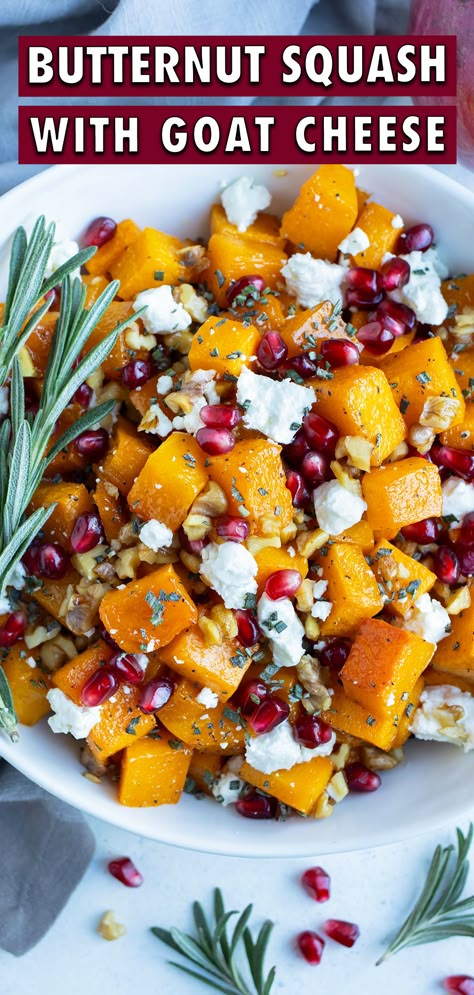 Goat Cheese Thanksgiving, Butternut Squash Goat Cheese Pomegranate, Roasted Butternut Squash With Goat Cheese, Thanksgiving Squash Side Dishes, Butternut Squash Goat Cheese Salad, Roasted Parsnips And Butternut Squash, Roasted Butternut Squash Thanksgiving, Roasted Squash With Goat Cheese, Holiday Butternut Squash Recipes