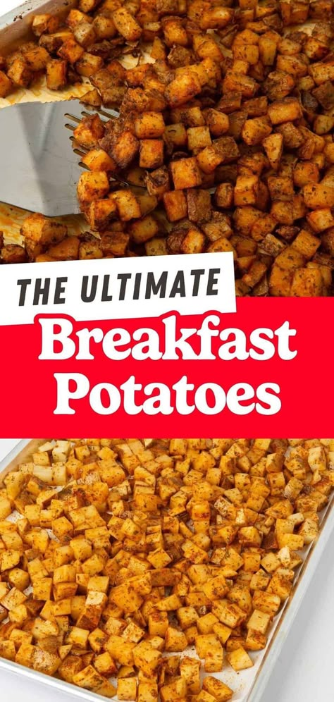 These breakfast potatoes are a great addition to any breakfast spread. They're seasoned with just a few pantry staples and roasted to crispy perfection in the oven. Perfect for large family breakfasts! Potato Seasoning Recipe, Oven Breakfast Potatoes, Breakfast Baked Potatoes, Roasted Breakfast Potatoes, Crispy Breakfast Potatoes, Potato Breakfast Recipes, Breakfast Potato Casserole, Breakfast Spread, Thanksgiving Brunch