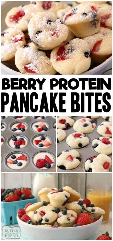 Berry Protein Pancake Bites. Quick and Easy High Protein Breakfast Recipes | Healthy Breakfast Ideas Moms on the Go in the Morning #highproteinbreakfast #recipes #breakfast #breakfastrecipes #protein #proteinrecipes #pancakes #muffins #pancakebites #berries #muffinsrecipes Protein Pancake Bites, Pancake Protein, Quick High Protein Breakfast, Pancakes Low Carb, Berry Bites, Easy Pancake, Menu Sarapan Sehat, High Protein Breakfast Recipes, Pancake Bites