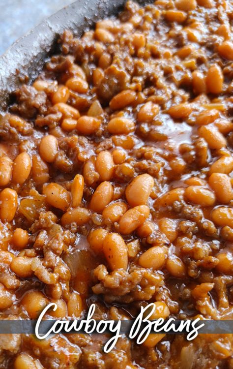 Cowboy Beans! A hearty recipe made with pork n' beans, ground beef, sausage, brown sugar and a simple sauce that's perfect for cookouts, barbeques and covered-dish affairs (finish in crock pot or on the stove). Crockpot Baked Beans With Sausage, Pork And Beans Soup, Recipes Using Pork And Beans, Chili With Pork And Beans, Crock Pot Pork And Beans, Recipes With Pork And Beans, Bake Beans With Sausage, Hamburger Pork And Beans Casserole, Chili Pinto Beans Recipe