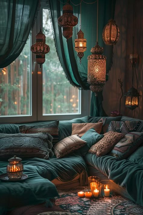 Dark Boho Decor, Witchy Living Room, Dark Romantic Bedroom, Dark Boho Living Room, Dark Palette, Mystical Elements, Boho Living Room Ideas, Dark Boho, Magical Room