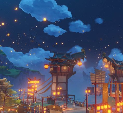 Teyvat Aesthetic, Lantern Rite Wallpaper, Liyue Genshin Impact Scenery, Liyue Aesthetic, Liyue Scenery, Liyue Wallpaper, Genshin Impact Lantern Rite, Lantern Festival Aesthetic, Genshin Scenery