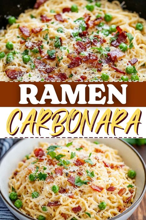 Chicken Ramen Noodle Casserole, Bacon Ramen Noodle Recipes, Asian Bacon Recipe, Easy Recipes Using Ramen Noodles, Ramen Noodle Carbonara, Ramen Noodle Dinner Ideas, Ramen Casserole Recipes, Ramen Noodle Dishes, Cheap Dinner For A Family