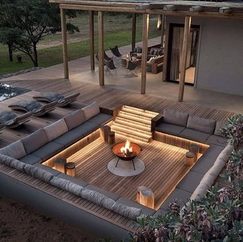 Sunken Patio, Sunken Fire Pits, Front Porch Ideas For Mobile Homes, Deck Decorating Ideas, Deck Decorating Ideas On A Budget, Backyard Fire, Backyard Patio Designs, Deck Decorating, Dream House Exterior