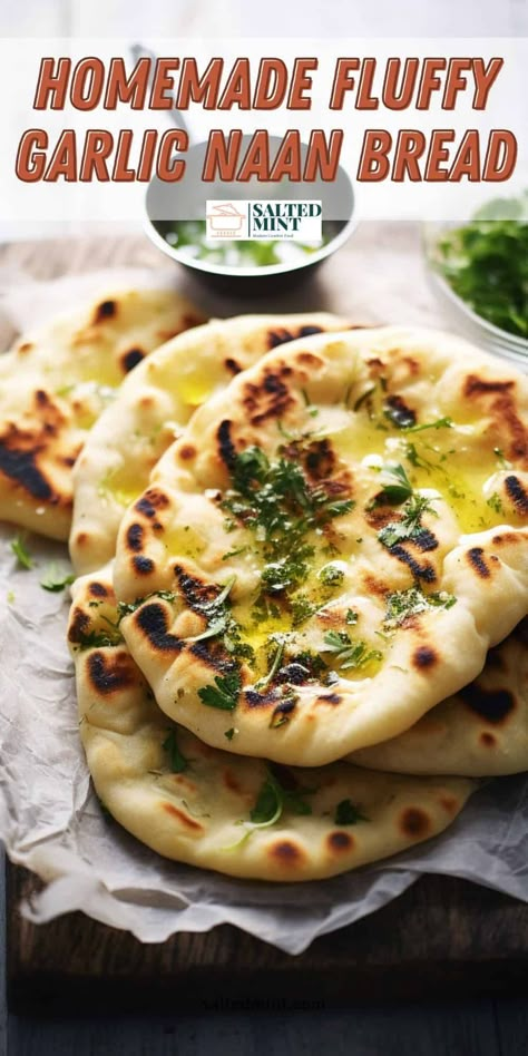 If you've ever tasted Garlic Naan, you know how incredibly delicious this Indian bread can be. Soft, fluffy, and brimming with a rich garlic flavor, it’s no wonder it has become a favorite in Indian cuisine. This Garlic Naan bread recipe can be made right at home, without the need for a tandoor oven, using a simple cast-iron skillet. Onion Naan Bread Recipe, Naan Bread Recipe Self Raising Flour, Recipe Naan Bread, Naan Bread Recipe Sour Cream, Quick Roti Recipe, Aloo Naan Recipe, Protein Naan Bread, Fluffy Naan Bread, Brochette Bread