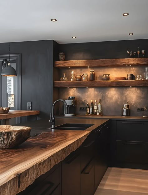 Dark House Ideas, Black Home Interior, Cozy Cabin Interior, Barndo Kitchen, All Black Kitchen, No Upper Cabinets, Dark Wood Kitchen Cabinets, New Build House, Woodland Retreat