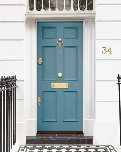 Unique Door Colors, Colour Front Door Entrance, Cornflower Blue Door, Cornflower Blue Front Door, Coloured Front Doors, Elegant Front Doors, London Front Door, Colourful Front Doors, Blue Doors Front Entrance