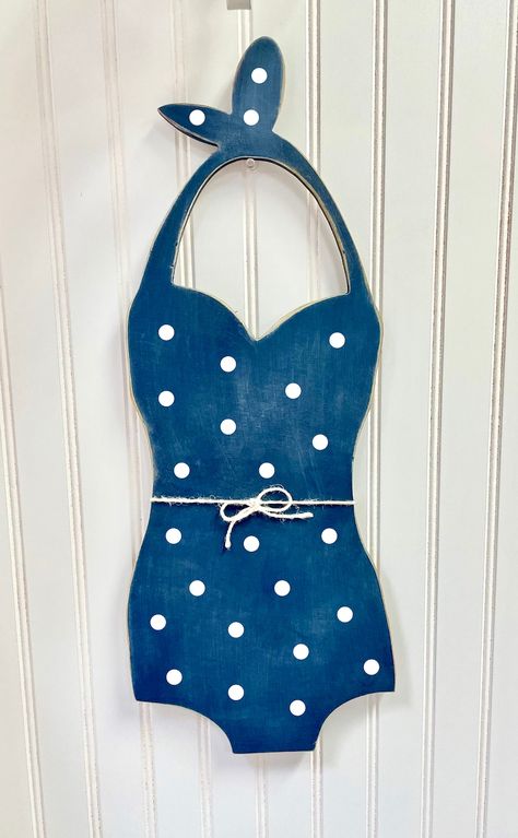 Wooden Retro Bathing Suit, Cottage Wall Hanging, Pool House Wall Art, Nautical Art for Cottage, Beach, Summer Decor, Polka Dot Bathing Suit - Etsy Lake House Guest Bathroom, Lake House Bedroom Ideas, Small Lake Cottage, Houseboat Decor, Nautical Outdoor Decor, Cabana Design, Retro Pool, Pool House Bathroom, Nautical Decor Diy