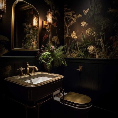 Black Moody Powder Room, Small Glamour Bathroom Ideas, Moody Powder Room With Wallpaper, Dark Bathroom Ideas Wallpaper, Statement Small Bathroom, Dark Powder Room Ideas Wallpaper, Small Moody Powder Room Ideas, Dark Wallpaper In Powder Room, Wallpaper In Small Powder Room