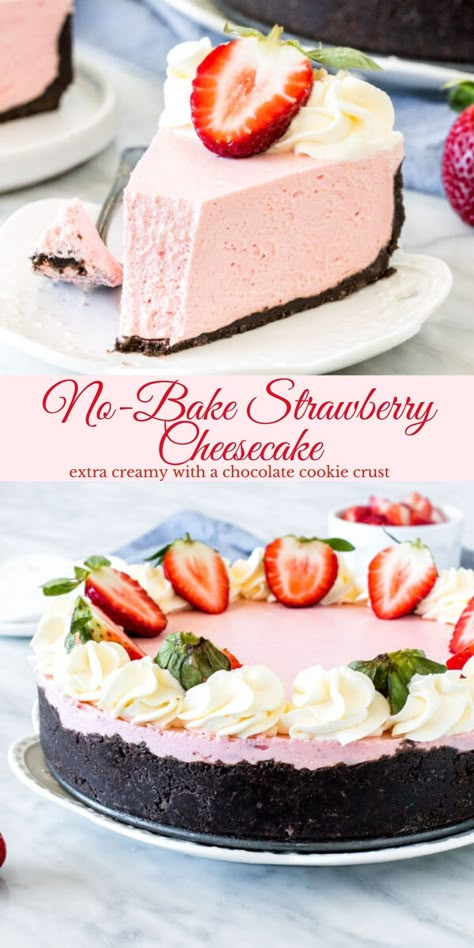 Strawberry Cheesecake No Bake, Dessert Spring, No Bake Strawberry Cheesecake, Cheesecake Strawberry, Strawberry Cheesecake Recipe, Cheesecake Oreo, Strawberry Treats, Oreo Cookie Crust, Spring Recipe