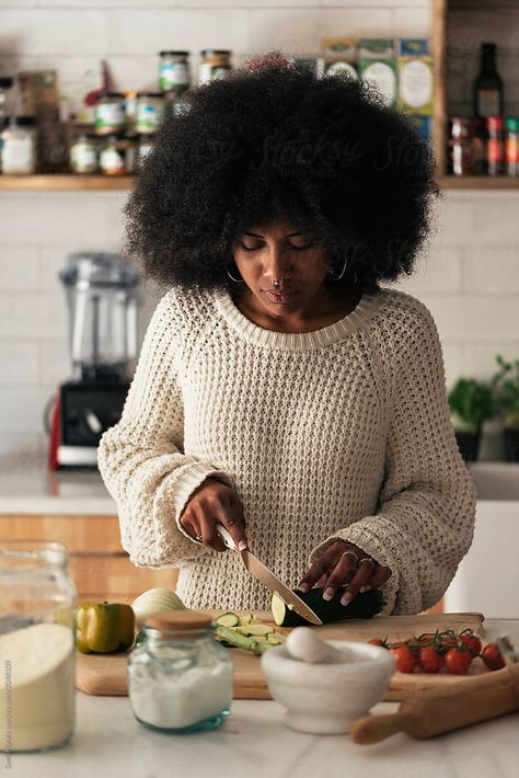 Beautiful black woman cooking in her home. Cooking concept. Cooking Reference Photo, Cooking Photoshoot Aesthetic, Home Cook Photography, Cooking Aesthetic Girl Black, Cooking In The Kitchen Photography, Black Woman Journaling Aesthetic, Branding Photos In Kitchen, Home Cook Aesthetic, Black Cooking Aesthetic