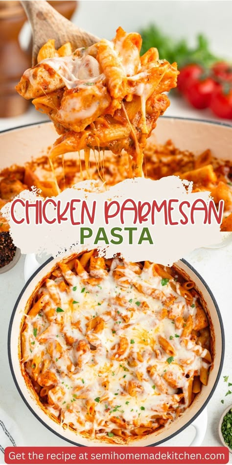 Need a quick and delicious weeknight meal? This Chicken Parmesan Pasta Skillet is your answer. Combining the best of chicken parmesan and pasta, this easy dinner recipe comes together in one pan for minimal cleanup. Enjoy a hearty meal with tender chicken, flavorful marinara, and melty cheese, all cooked together for a satisfying pasta skillet dinner that’s sure to become a family favorite. Chicken Pasta Recipes For Two, Pasta Dinner Chicken, 1 Pan Skillet Meals, Chicken Pasta Easy Simple, Chicken And Pizza Sauce Recipes, Chicken Parm Skillet, Chicken Dinner Recipes For Family Main Dishes, Easy Meal Chicken, Chicken And Pasta Recipes Red Sauce