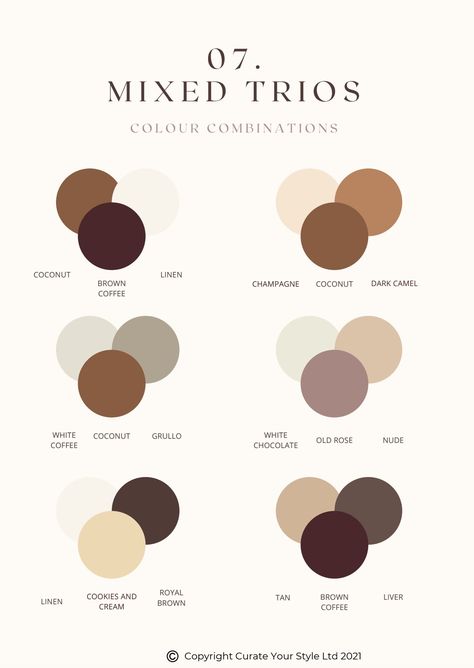 Coffee Colour Outfit Women, Complementary Colours Outfit, What Colors Go Good With Brown, What Colors Compliment Brown, Mocha Mouse Color Combination, Deep Winter Neutral Colors, Caramel Outfit Color Combos, Tan Color Combinations Outfits, Soft Autumn Aesthetic Outfit