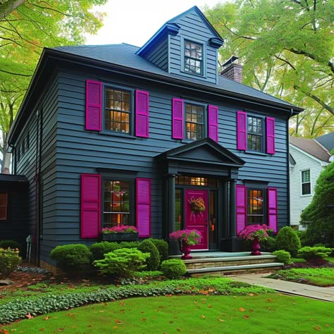 Black House With Purple Door, Blue And Purple House Exterior, Dark Pink House Exterior, Fuschia Front Door, Dark Purple House Exterior, Magenta Front Door, Purple Exterior House, Purple House Exterior, Colorful House Exterior