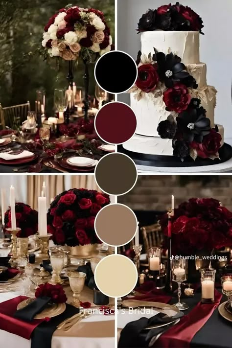 Charcoal Grey And Red Wedding Theme, Old Hollywood Wedding Color Schemes, Black And Red Fall Wedding, Maroon And Black Wedding Ideas, Wedding Theme Ideas Winter, Red And Black Wedding Color Schemes, Wedding Ideas Dark Color Schemes, Red Palette Wedding, Dark Colored Wedding Theme