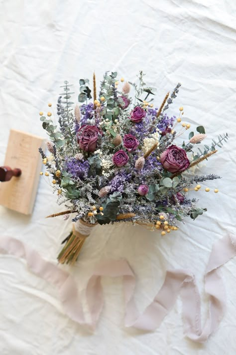 Purple Roses Wedding, Roses Wedding Bouquet, Lavender Wedding Bouquet, Lavender Bridal Bouquet, Boho Bridal Bouquet, Dried Flowers Bouquet, Dried Roses, Flower Girl Bouquet, Purple Wedding Bouquets