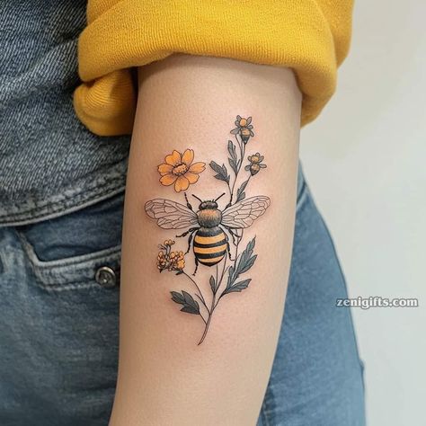 Butterfly And Bee Tattoo, Wildflower Shoulder Tattoo, Bee And Flower Tattoo, Insect Tattoos, Underarm Tattoo, Bee Tattoos, Honey Bee Tattoo, Bumble Bee Tattoo, Insect Tattoo