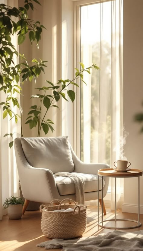 Cozy cream armchair in tranquil morning light with climbing plants and steaming cup on side table Coffee Chairs And Tables, Small Sunroom Designs Cozy, Table In Bedroom Sitting Area, Sitting Corner In Living Room, Cozy Sitting Area In Bedroom, Bedroom Sitting Area Small Cozy Corner, Cozy Corner Reading Nook, Living Room With Chairs, Tiny Sitting Room Ideas