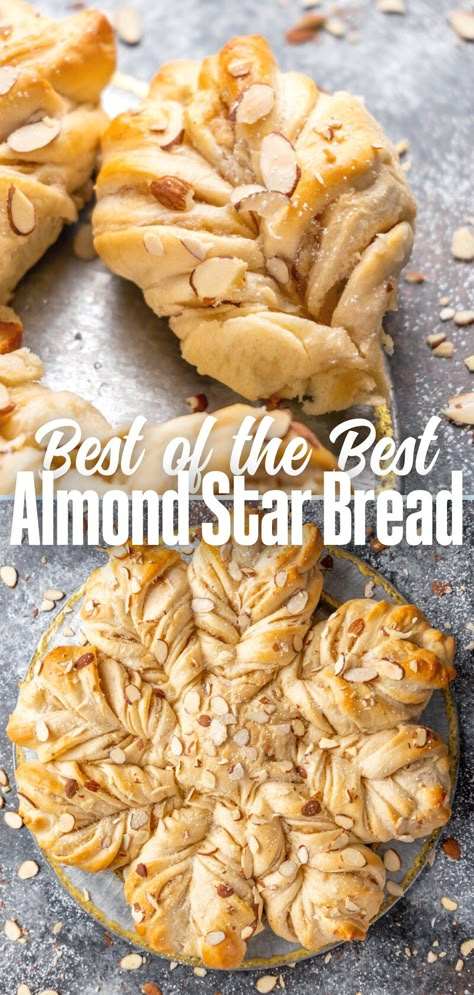 Almond star bread is a delicious and unique twist on the traditional star bread recipe. It uses an almond paste brown sugar filling to create a sweet and fragrant bread that is perfect for breakfast, dessert, or a snack. Swedish Almond Bread, Almond Filling Desserts, Almond Braid Pastry, Almond Paste Bread, Almond Star Bread, Almond Sweet Bread, Almond Paste Recipes Pastries, Almond Breakfast Pastry, Recipes Using Almond Paste Desserts