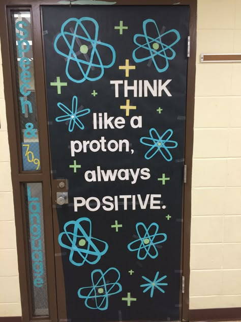 Door decoration for a science class or magnet school. Science Lab Door Decoration Ideas, Physics Room Decor Classroom Ideas, Science Themed Classroom Doors, Biology Door Decorations, Science Class Door Decoration, Class Board Ideas High Schools, Biology Themed Classroom, Science Classroom Bulletin Board Ideas, Science Classroom Doors