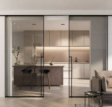 Kitchen Seperation Idea, Glass Wall Between Kitchen And Living, Kitchen With Glass Wall, Glass Partition In Kitchen, Kitchen Living Room Glass Divider, Kitchen Glass Divider, Glass Wall Divider Kitchens, Open Kitchen Glass Partition, Living Room Minimal