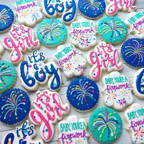 Allison Mammeli on Instagram: “How cute is this theme? So many baby showers lately, it’s always fun to work on something unique! 🎆” Food Gender Reveal, Firework Gender Reveal Party, Reveal Cake Ideas, Gender Reveal Cake Ideas, Firework Gender Reveal, Gender Reveal Food, Cookie Tips, Gender Reveal Cookies, Gender Reveal Signs