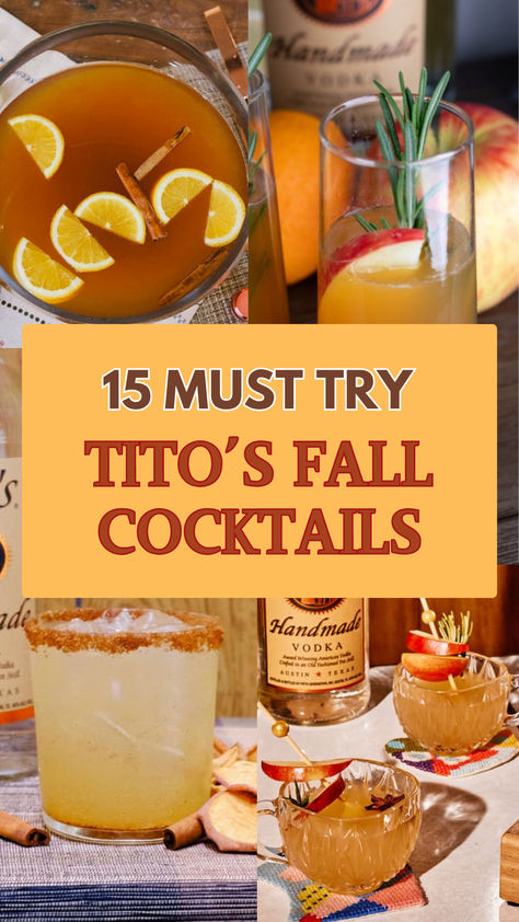 Tito’s Cocktails Tasty Drinks Alcohol, Tito Cocktails, Drink Recipes With Titos, Holiday Drinks With Titos, Vodka Food Recipes, Tito's Mixed Drinks, Hot Vodka Cocktails, Titos Drinks Recipes, Tito’s Fall Drinks