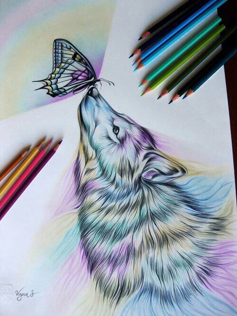 Wolf & butterfly colored pencils art | Art Colored Pencils | Dibujos ... image.