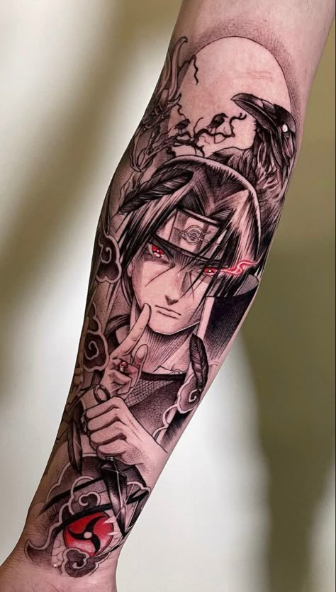 Tattoo Men Anime, Uchiha Itachi Tattoo, Arm Tattoo Anime, Itachi Hand Tattoo, Uchiha Tattoo, Anime Tattoos For Men Sleeve, Itachi Tattoo Design, Kakashi Tatoos Ideas, Madara Uchiha Tattoo