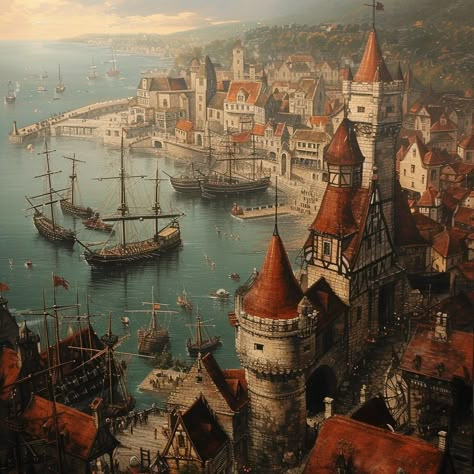 Port City Coastal Town Fantasy Art, Pirate City Fantasy Art, Port Town Fantasy Art, Dnd Port City, Port City Concept Art, Fantasy Harbor City, Port City Fantasy Art, Fantasy Port City, Fantasy Port Town