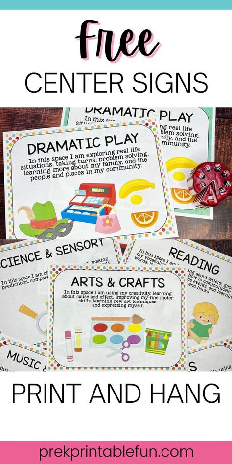 Classroom Centers Labels, Classroom Center Ideas Preschool, Outside Centers For Preschool, Printable Center Signs For Preschool, Preschool Daily Sign In, Dramatic Play Signs Free Printable, Center Posters For Preschool, Preschool Centers Labels Free Printables, Daycare Center Labels