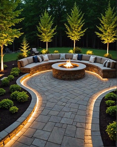 Circle Patio With Fire Pit, Outside Decks And Patios Ideas, Curved Concrete Patio Ideas, Backyard Ground Ideas, Backyard Landscaping Acreage, Raised Decks And Patios Ideas, Diy Garden Makeover, Deck And Fire Pit Ideas, Garden Concrete Ideas