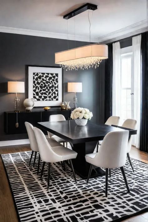 Black and white dining room with a modern farmhouse aesthetic Farmhouse Dining Area, White Dinning Room, White Dining Room Decor, Modern Contemporary Dining Room, Black Dining Room Table, Black And White Dining Room, Black Kitchen Decor, Gold Living Room Decor, Dining Table Gold